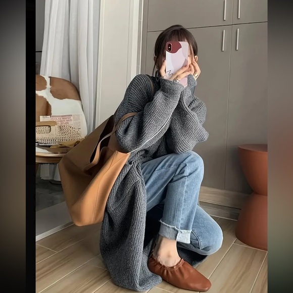 Oversized Button Front Long Sleeve Turtleneck Cardigan, - Picture 3 of 6